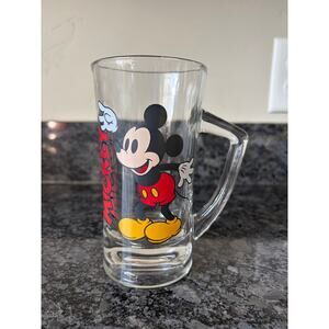 VTG Disney Mickey Mouse Tall Clear Glass Mug with Handle- 6" Tall